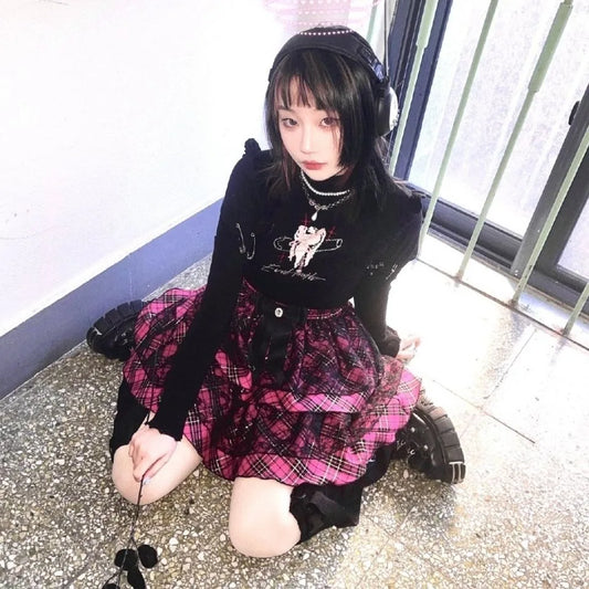 Plaid Ruffle Skirt – Punk Lolita Harajuku Style - Pink / One Size - Bottoms - 2025 - 1 - Worldwide Shipping