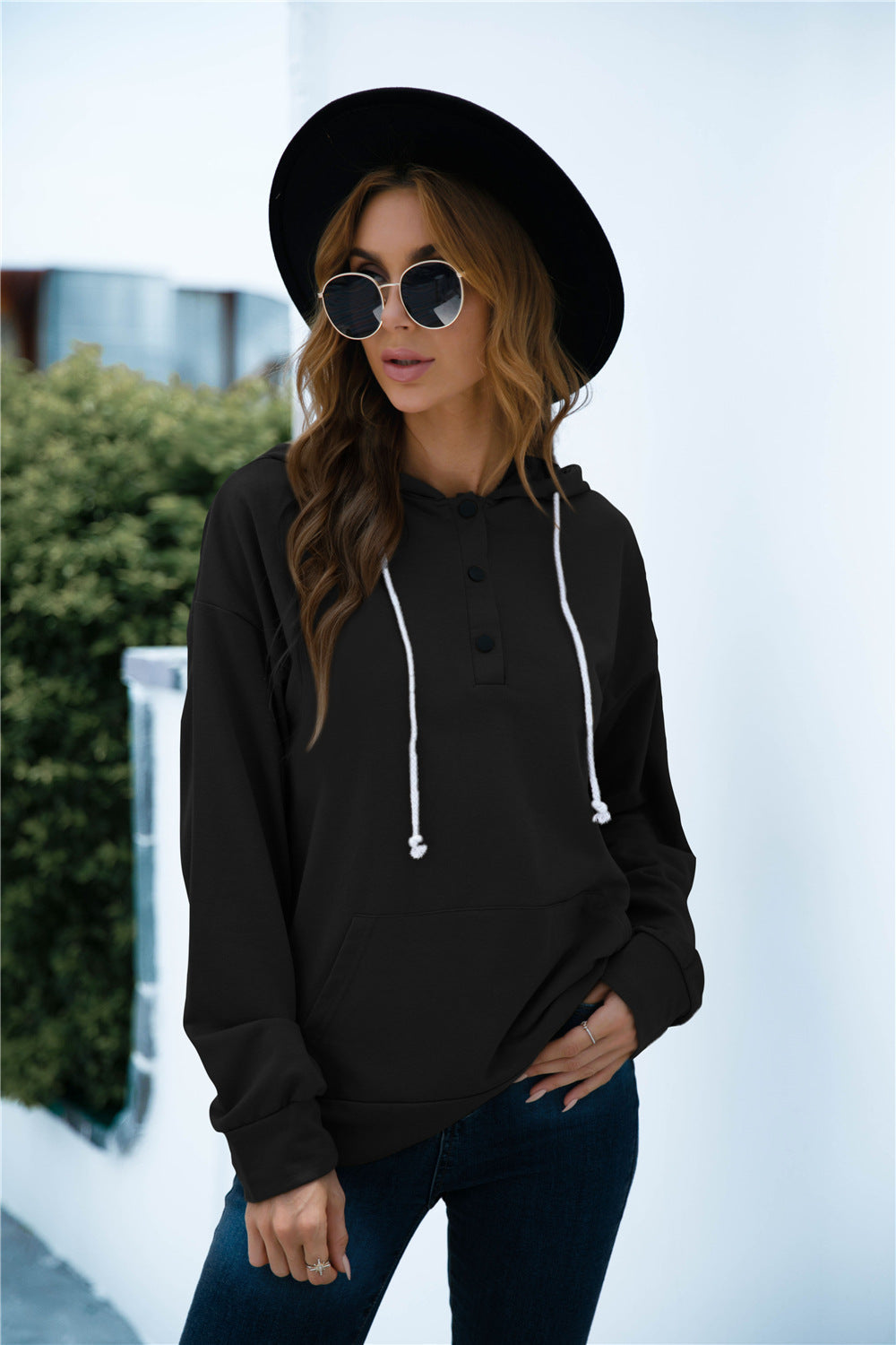 Quarter Snap Drawstring Hoodie with Kangaroo Pocket - Women’s Clothing & Accessories - Shirts & Tops - 13 - 2024