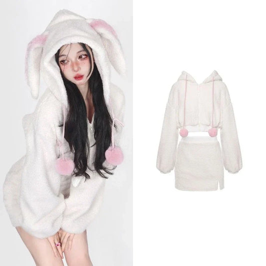 Kawaii Rabbit Ear Skirt Set: Hooded Plush Top & Short Skirt - Bottoms - Outfit Sets - 2 - 2024