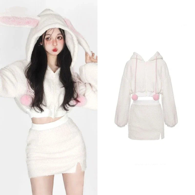 Kawaii Rabbit Ear Skirt Set: Hooded Plush Top & Short Skirt - Bottoms - Outfit Sets - 3 - 2024