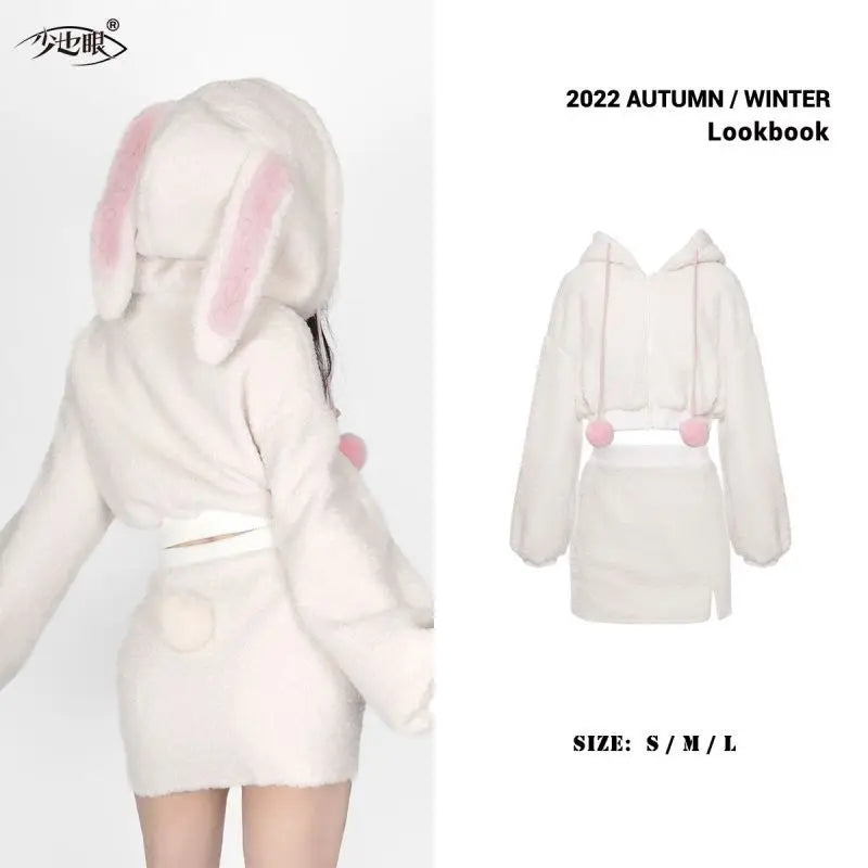 Kawaii Rabbit Ear Skirt Set: Hooded Plush Top & Short Skirt - 2pcs / S - Bottoms - Outfit Sets - 7 - 2024