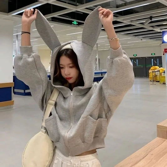 Rabbit Ear Zippered Hoodie - Women’s Cute Short Top in Gray Korean Preppy Style - GRAY / M 45-51kg - Women’s