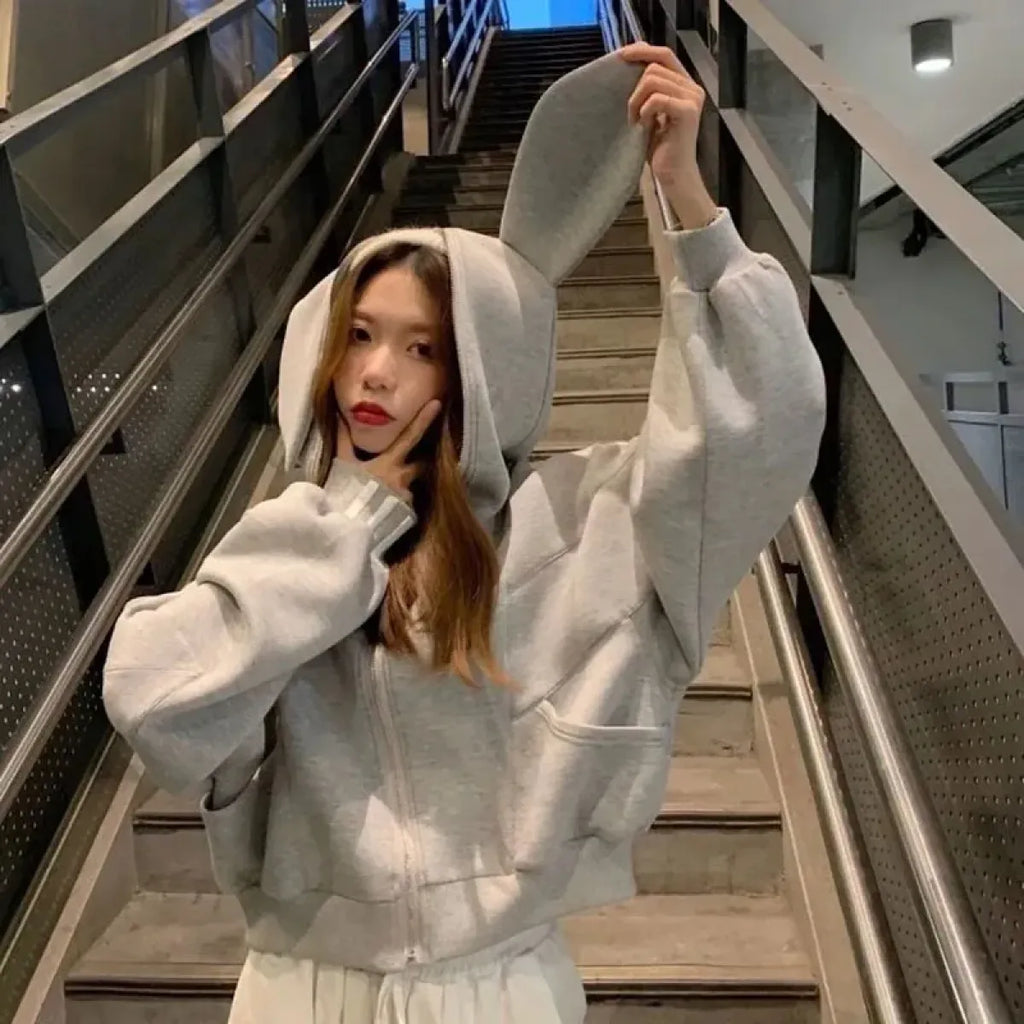 Rabbit Ear Zippered Hoodie - Women’s Cute Short Top in Gray Korean Preppy Style - Women’s Clothing & Accessories - 4