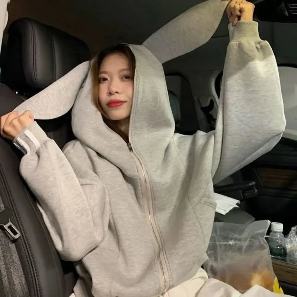 Rabbit Ear Zippered Hoodie - Women’s Cute Short Top in Gray Korean Preppy Style - Women’s Clothing & Accessories - 6