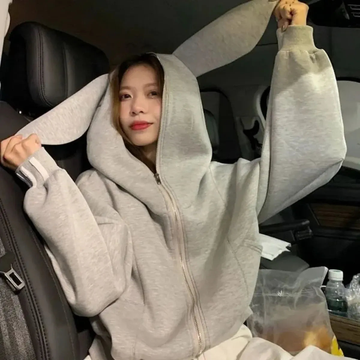 Rabbit Ear Zippered Hoodie - Women’s Cute Short Top in Gray Korean Preppy Style - Women’s Clothing & Accessories - 6