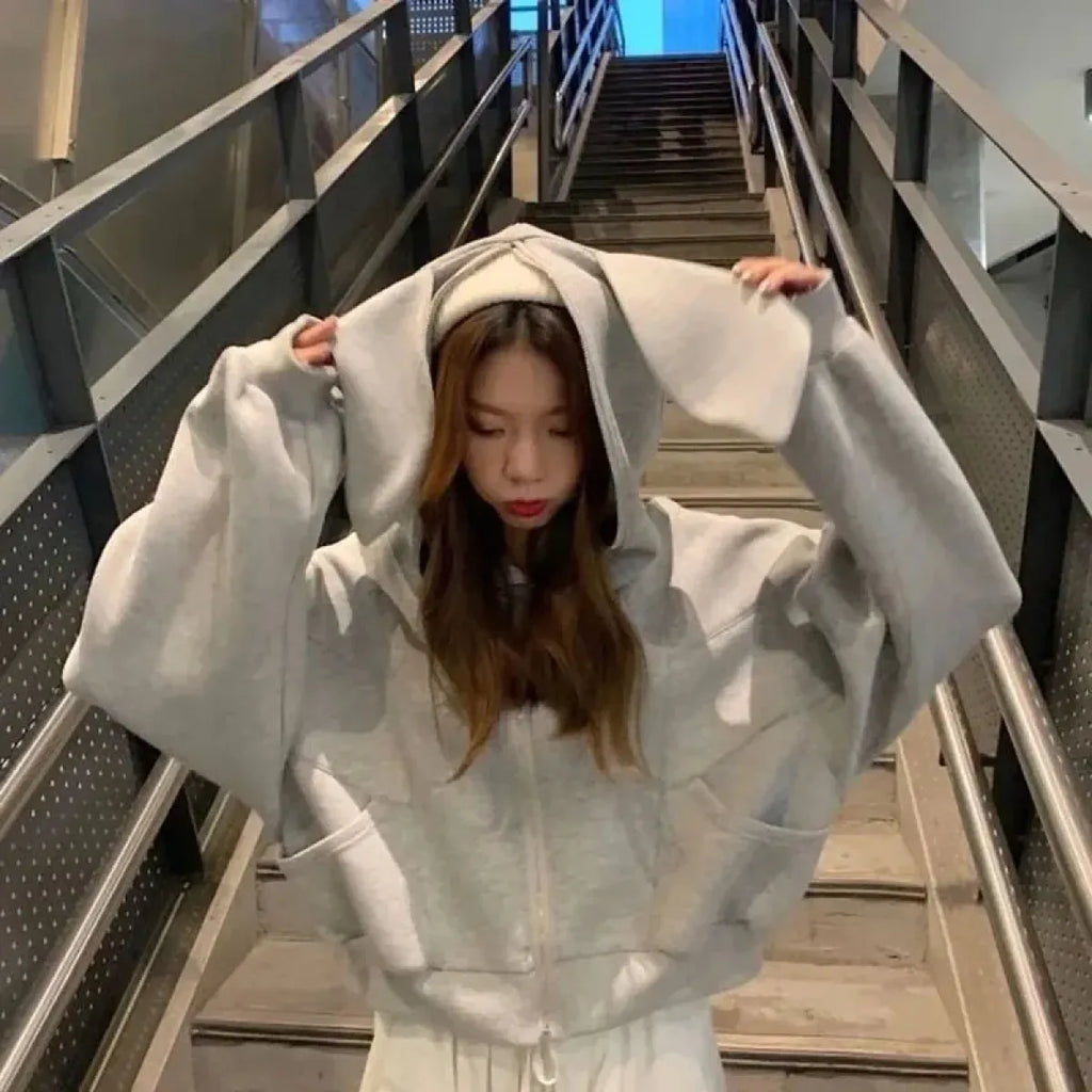 Rabbit Ear Zippered Hoodie - Women’s Cute Short Top in Gray Korean Preppy Style - Women’s Clothing & Accessories - 3