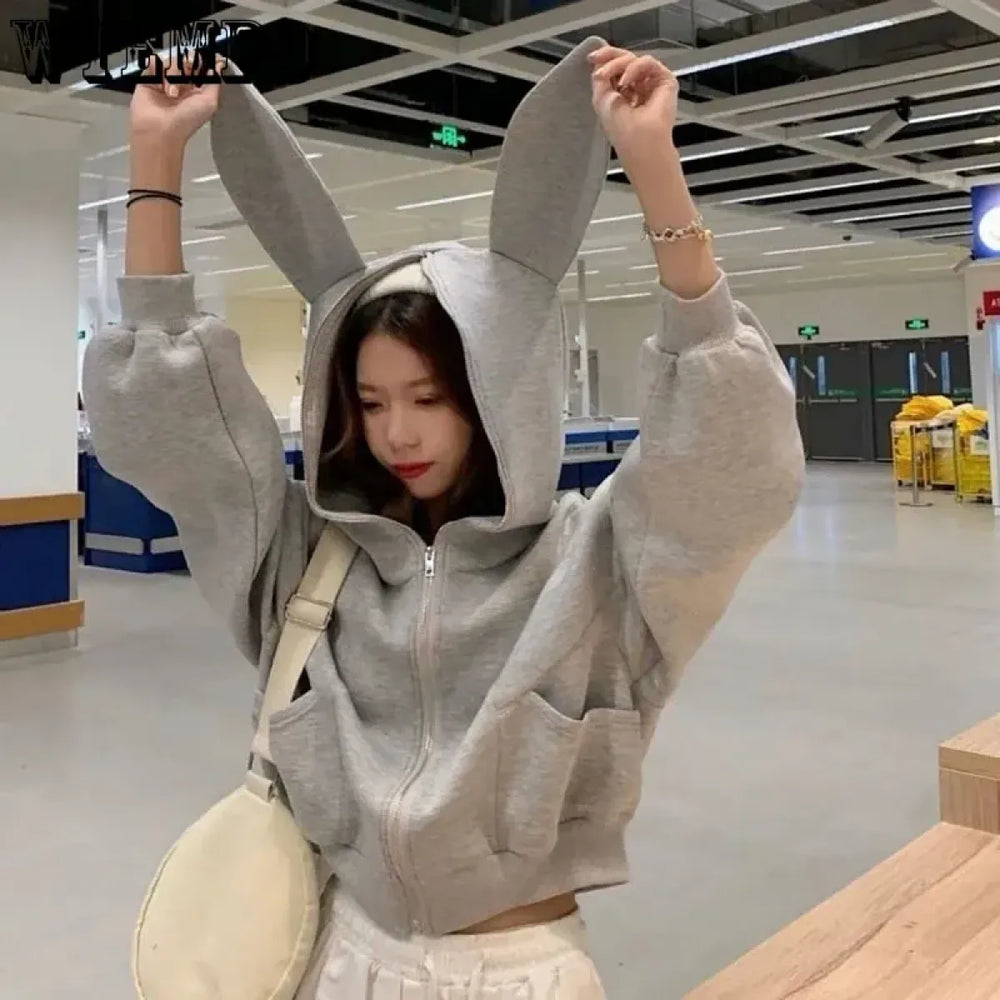 Rabbit Ear Zippered Hoodie - Women’s Cute Short Top in Gray Korean Preppy Style - Women’s Clothing & Accessories - 1
