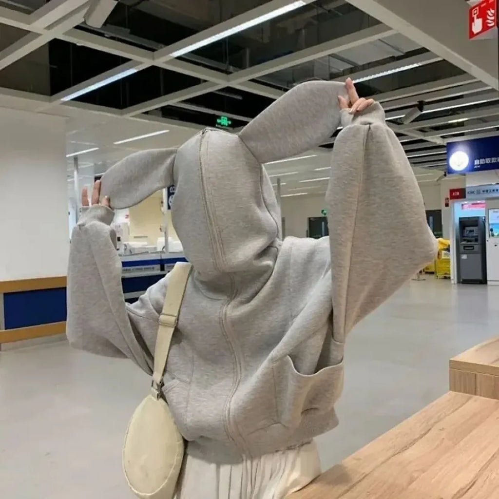 Rabbit Ear Zippered Hoodie - Women’s Cute Short Top in Gray Korean Preppy Style - Women’s Clothing & Accessories - 2