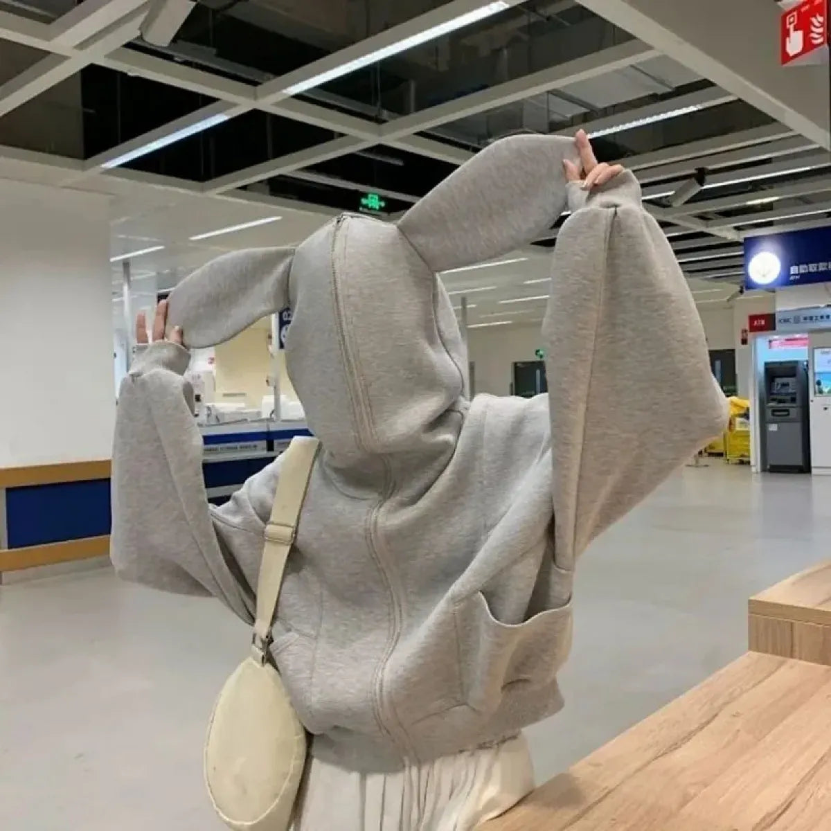 Rabbit Ear Zippered Hoodie - Women’s Cute Short Top in Gray Korean Preppy Style - Women’s Clothing & Accessories - 2