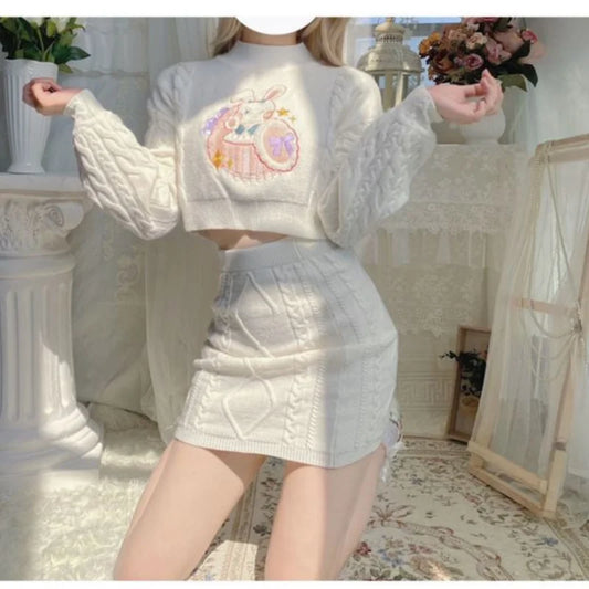 Cute Rabbit Embroidery Knit Skirt Set - Sweet Lolita Style - 2 Piece Set / S - Bottoms - Outfit Sets - 1 - 2024