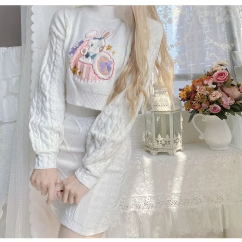 Cute Rabbit Embroidery Knit Skirt Set - Sweet Lolita Style - Bottoms - Outfit Sets - 13 - 2024