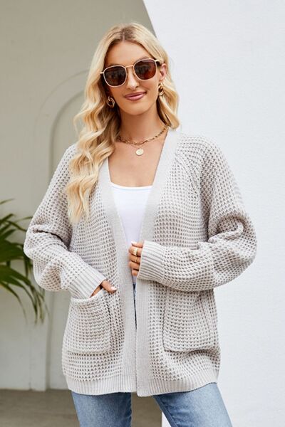 Open Front Raglan Sleeve Pocketed Cardigan - Light Gray / S - Women’s Clothing & Accessories - Shirts & Tops - 13 - 2024