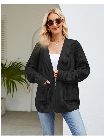 Open Front Raglan Sleeve Pocketed Cardigan - Black / S - Women’s Clothing & Accessories - Shirts & Tops - 14 - 2024