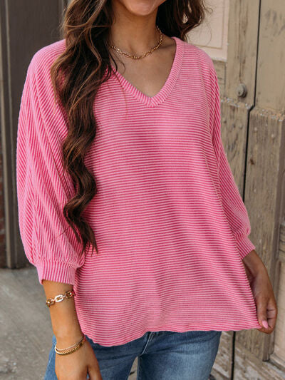 Striped V-Neck Raglan Sleeve T-Shirt - T-Shirts - Shirts & Tops - 2 - 2024