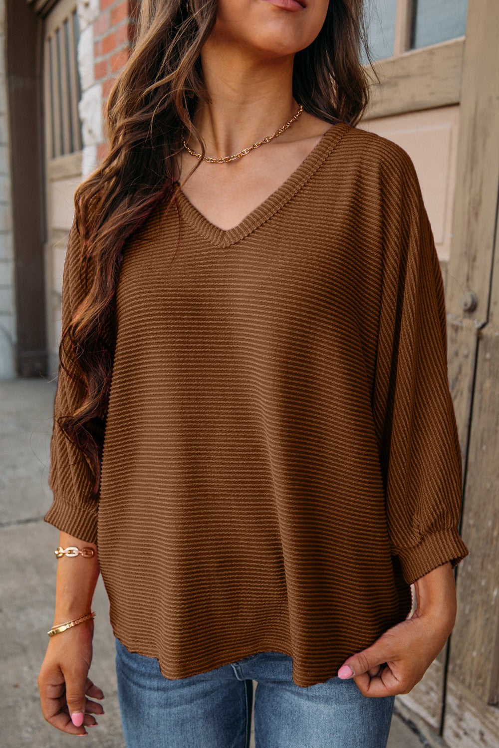 Striped V-Neck Raglan Sleeve T-Shirt - Brown / S - T-Shirts - Shirts & Tops - 4 - 2024