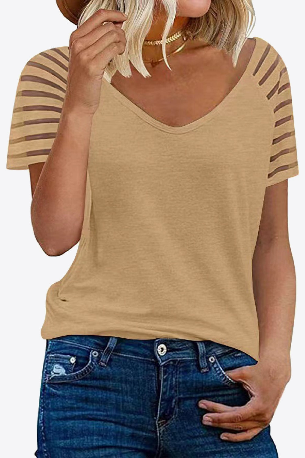 V-Neck Raglan Sleeve Tee - Beige / S - T-Shirts - Shirts & Tops - 19 - 2024