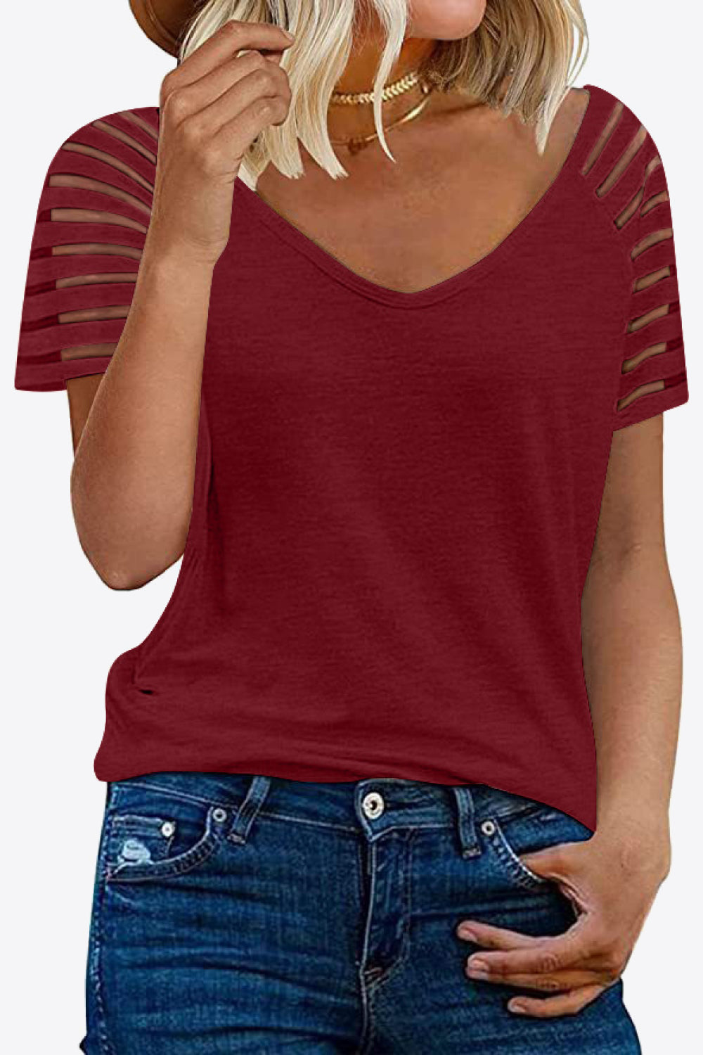 V-Neck Raglan Sleeve Tee - Red / S - T-Shirts - Shirts & Tops - 22 - 2024