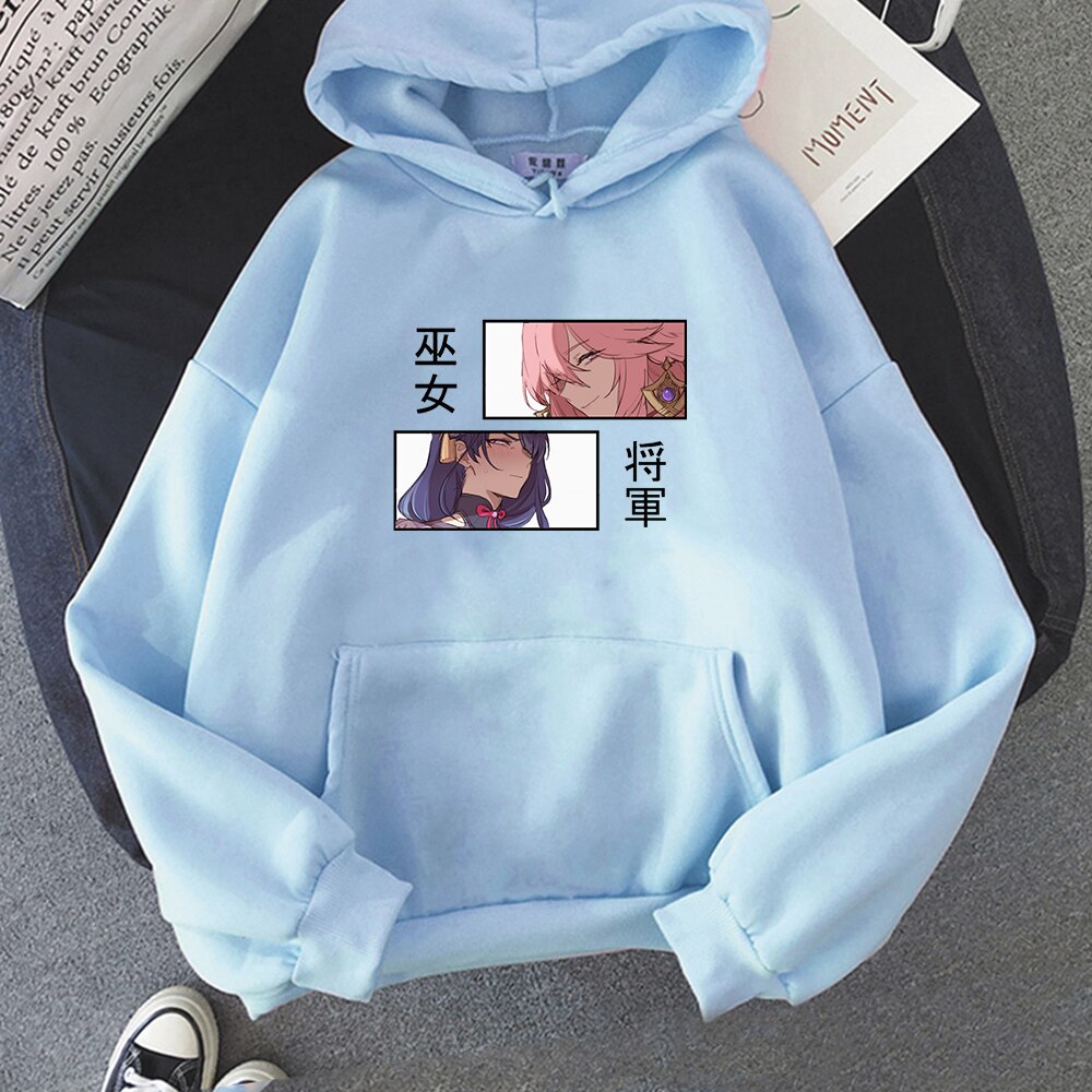 Raiden Shogun X Yae Genshin Impact Hoodies - Light Blue / S - Women’s Clothing & Accessories - Shirts & Tops - 15 - 2024