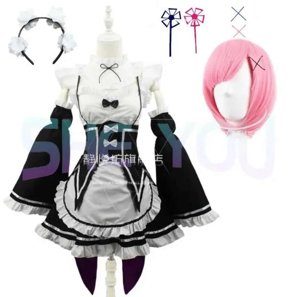 Ram Rem Cosplay Costume - Re:Zero Kara Hajimeru Isekai Seikatsu - Black Maid Outfit - Women’s Clothing & Accessories - 9