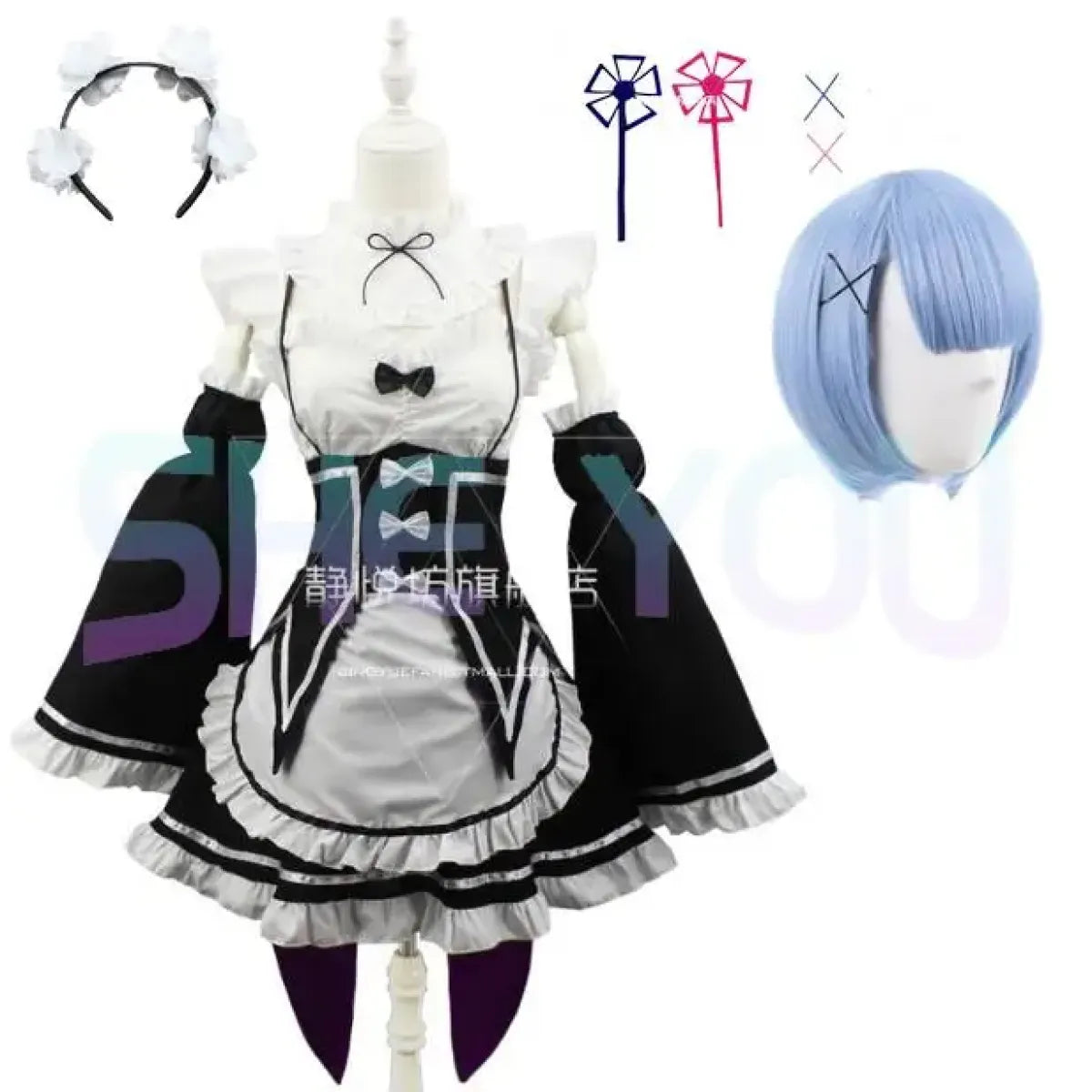 Ram Rem Cosplay Costume - Re:Zero Kara Hajimeru Isekai Seikatsu - Black Maid Outfit - Women’s Clothing & Accessories - 8