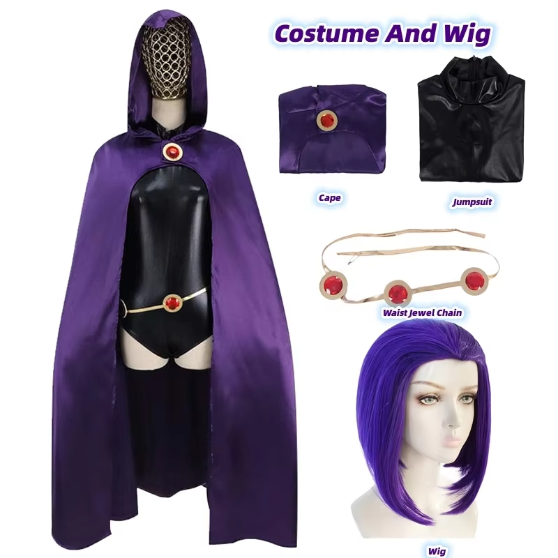 Raven Cosplay Costume – Teen Titans Cloak Jumpsuit and Wig Set - Raven / XS / Costume With Wig - T-Shirts - Costumes