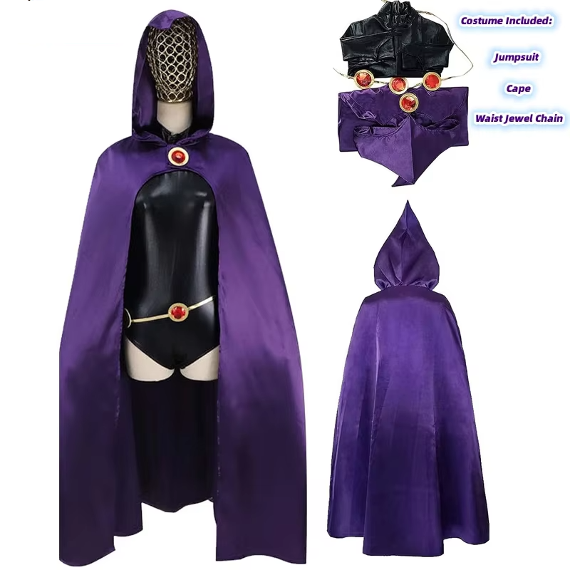 Raven Cosplay Costume – Teen Titans Cloak Jumpsuit and Wig Set - Raven / XS / Costume Only - T-Shirts - Costumes