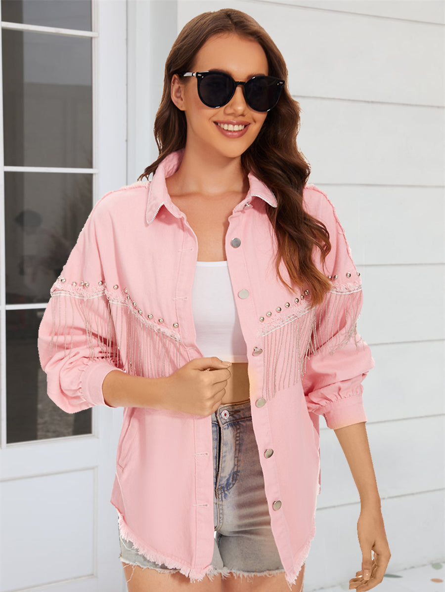 Raw Hem Fringe Detail Denim Jacket - Pink / S - Jackets & Coats - Coats & Jackets - 1 - 2024