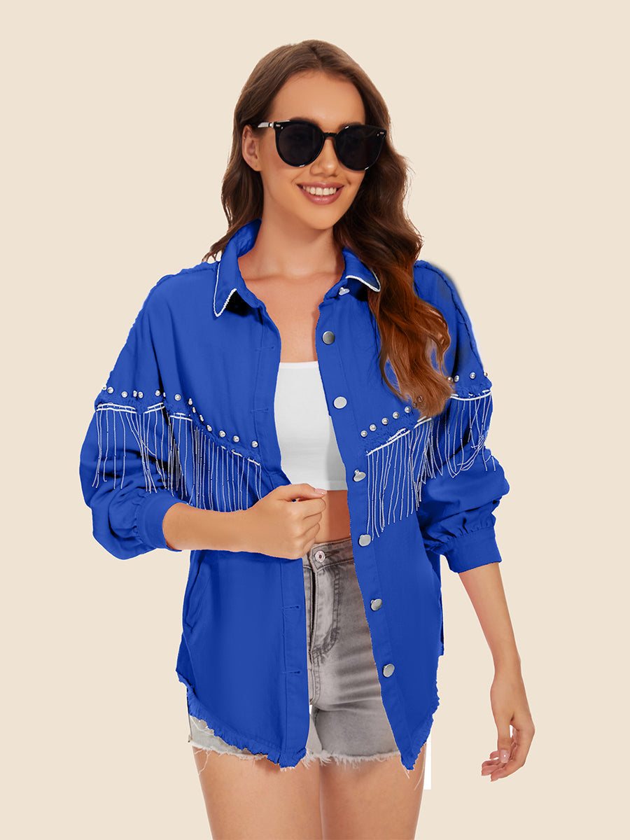 Raw Hem Fringe Detail Denim Jacket - Blue / S - Jackets & Coats - Coats & Jackets - 10 - 2024