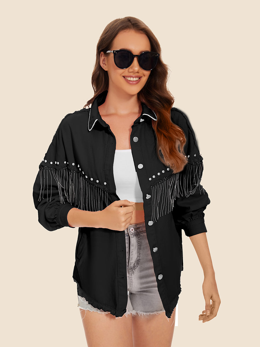 Raw Hem Fringe Detail Denim Jacket - Black / S - Jackets & Coats - Coats & Jackets - 4 - 2024