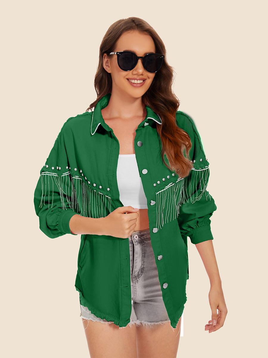 Raw Hem Fringe Detail Denim Jacket - Green / S - Jackets & Coats - Coats & Jackets - 7 - 2024