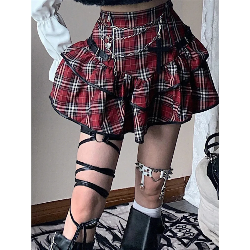 Red Plaid High Waist Skirt - Bottoms - 1