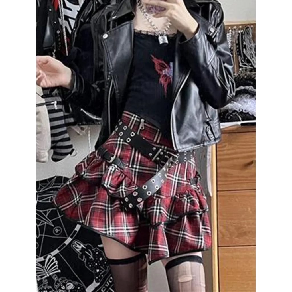 Red Plaid High Waist Skirt - Bottoms - 5
