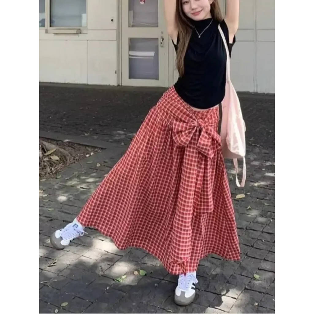 Red Plaid Bow Long Skirt – Y2K Harajuku Style - Bottoms - Skirts - 1