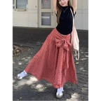 Red Plaid Bow Long Skirt – Y2K Harajuku Style - Bottoms - Skirts - 1