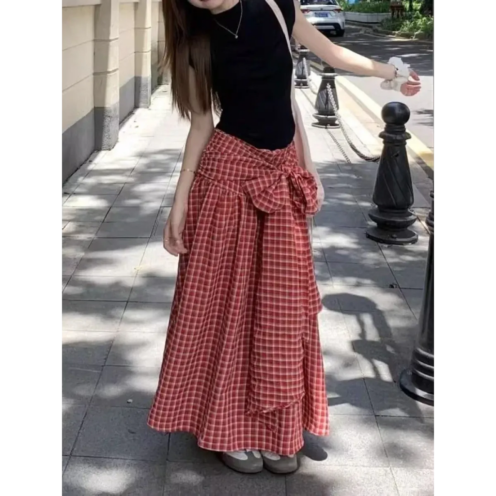 Red Plaid Bow Long Skirt – Y2K Harajuku Style - Bottoms - Skirts - 2