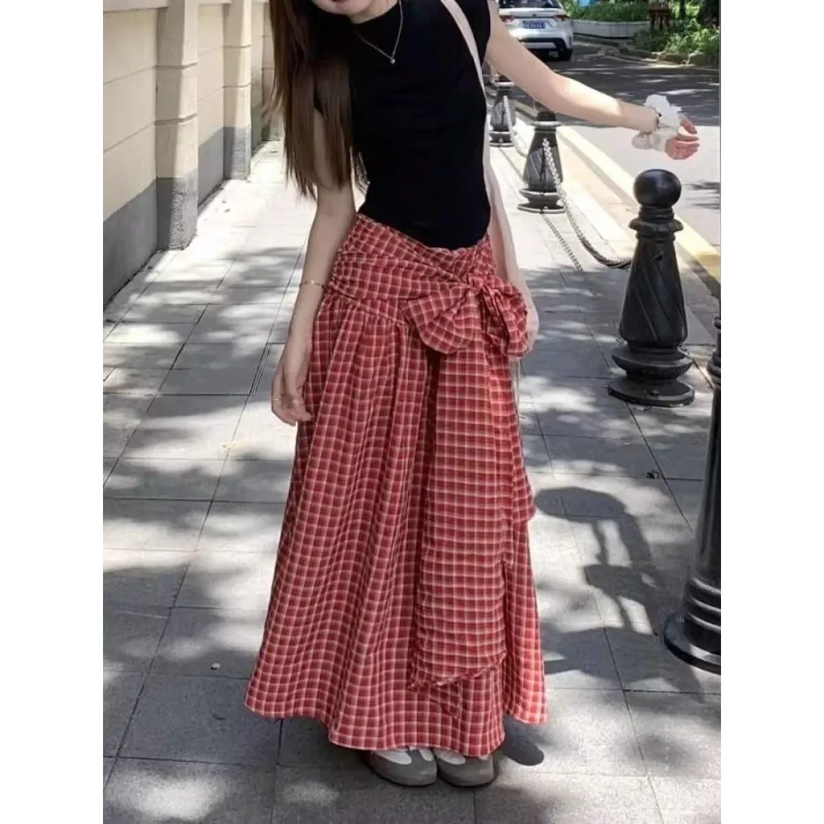 Red Plaid Bow Long Skirt – Y2K Harajuku Style - Bottoms - Skirts - 2