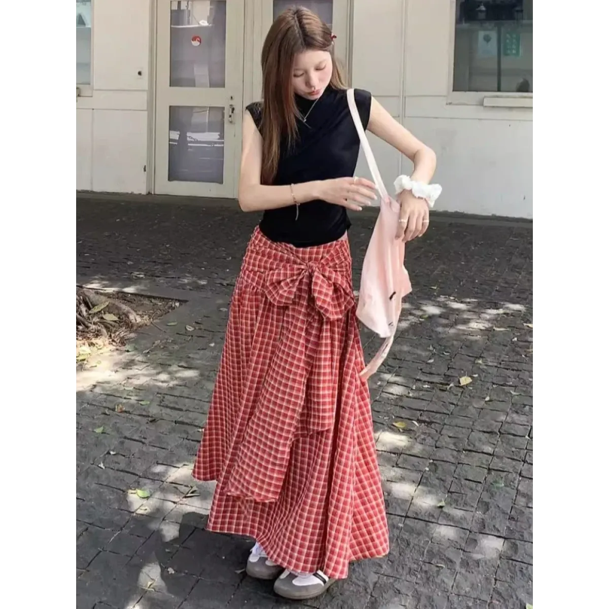 Red Plaid Bow Long Skirt – Y2K Harajuku Style - Bottoms - Skirts - 3