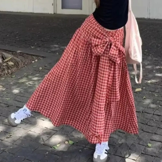 Red Plaid Bow Long Skirt – Y2K Harajuku Style - Bottoms - Skirts - 7