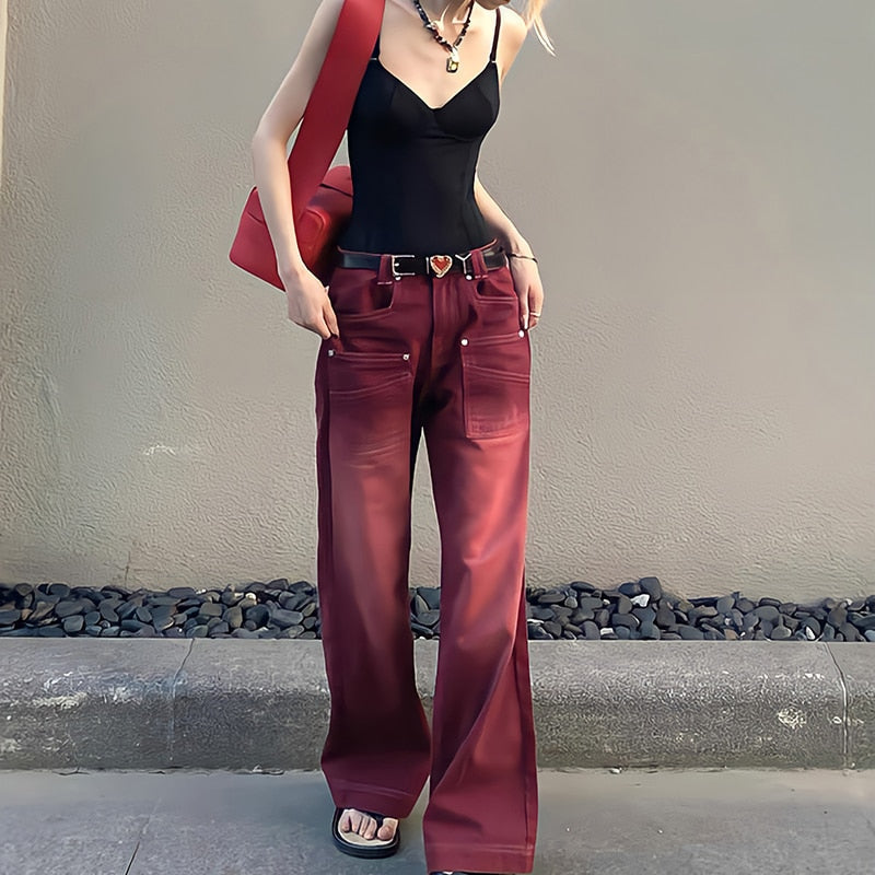 Korean Red Wide Leg Jeans - Bottoms - Shirts & Tops - 1 - 2024