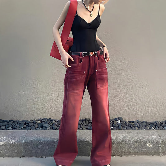 Korean Red Wide Leg Jeans - Bottoms - Shirts & Tops - 2 - 2024