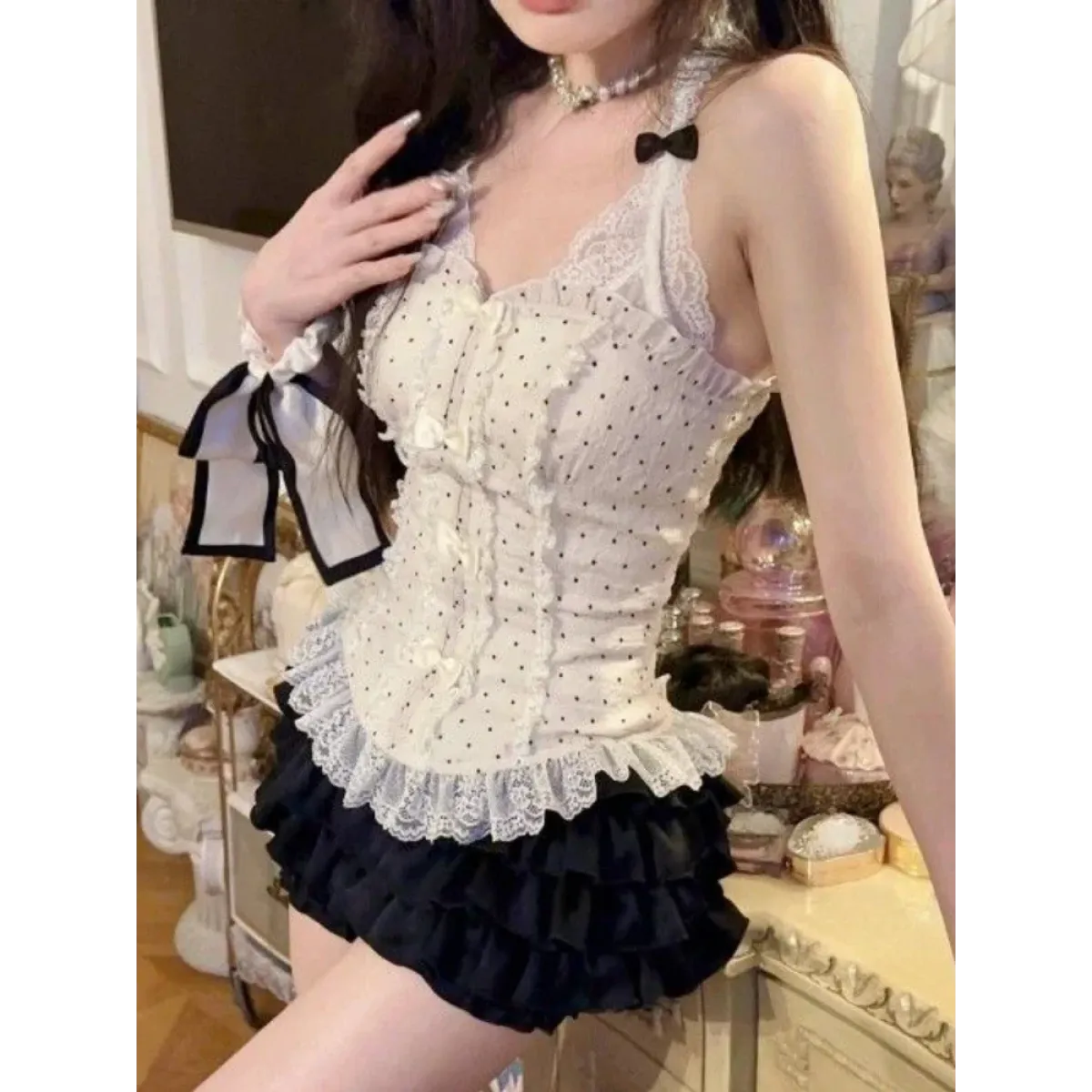 Lace Halter Top & Ruffle Skirt Set – Kawaii Lolita Y2K - Bottoms - Sleeveless - V-neck - Clothing Sets - 8