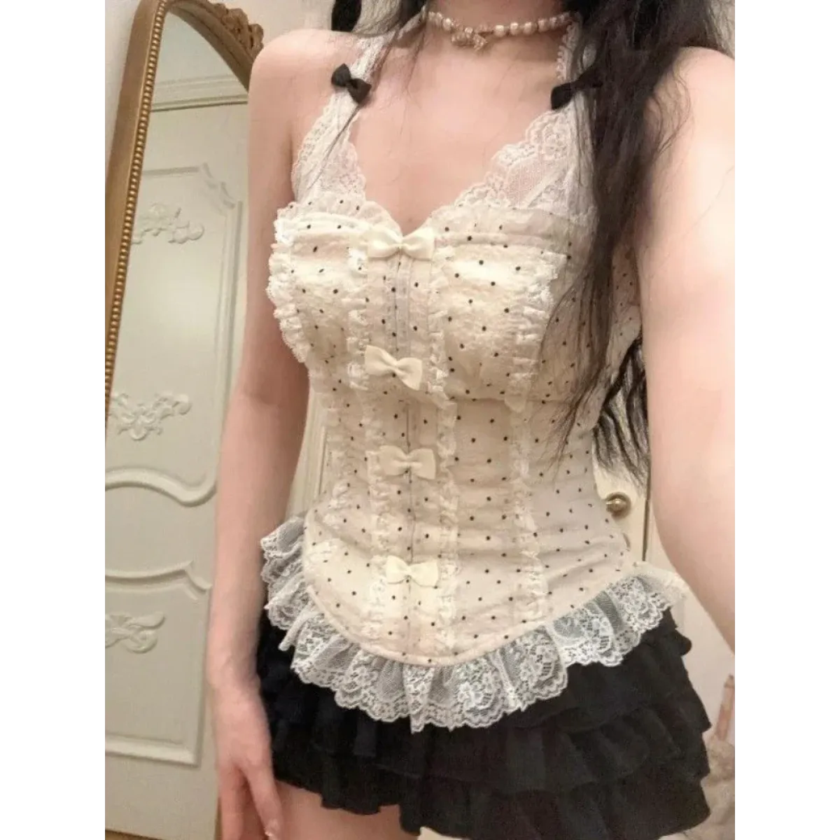 Lace Halter Top & Ruffle Skirt Set – Kawaii Lolita Y2K - Bottoms - Sleeveless - V-neck - Clothing Sets - 11