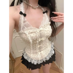 Lace Halter Top & Ruffle Skirt Set – Kawaii Lolita Y2K - Bottoms - Sleeveless - V-neck - Clothing Sets - 12