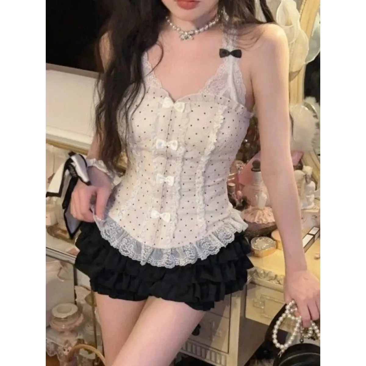 Lace Halter Top & Ruffle Skirt Set – Kawaii Lolita Y2K - Bottoms - Sleeveless - V-neck - Clothing Sets - 10