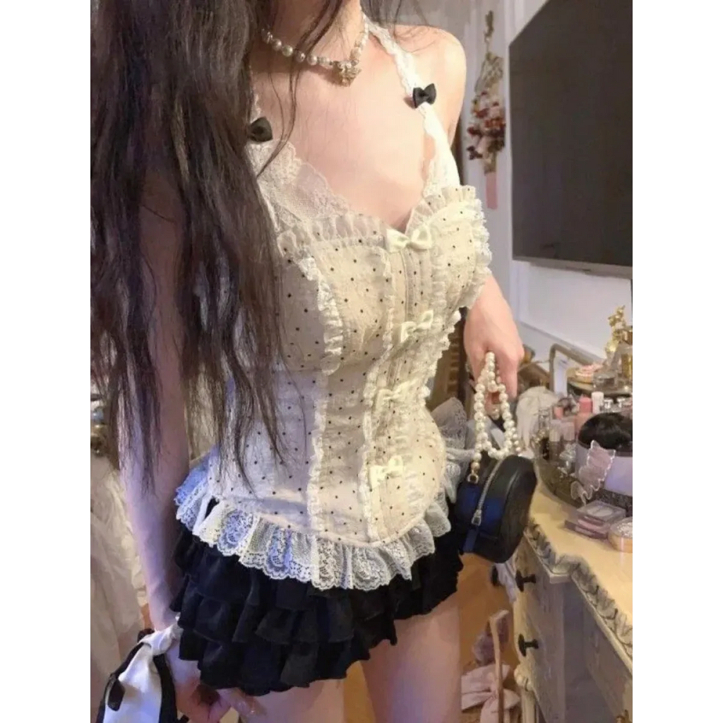 Lace Halter Top & Ruffle Skirt Set – Kawaii Lolita Y2K - Bottoms - Sleeveless - V-neck - Clothing Sets - 3