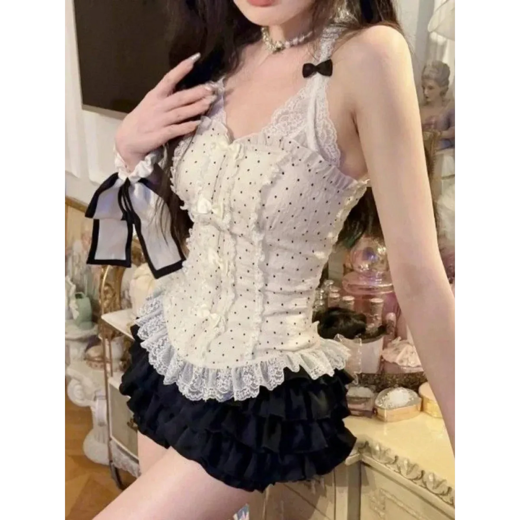 Lace Halter Top & Ruffle Skirt Set – Kawaii Lolita Y2K - Bottoms - Sleeveless - V-neck - Clothing Sets - 14