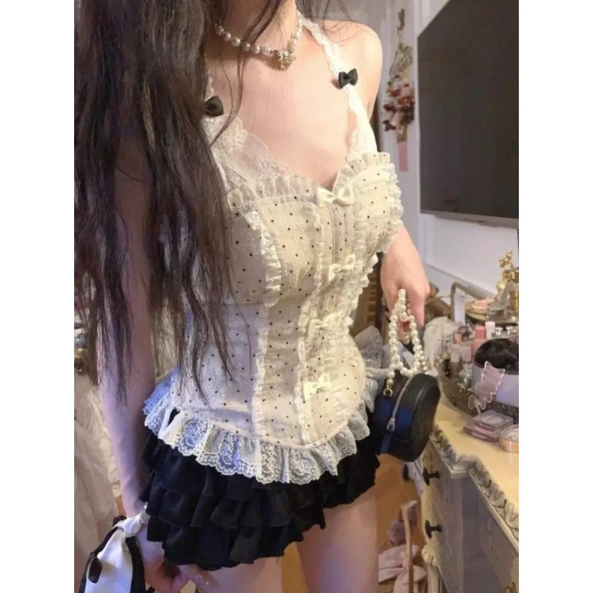 Lace Halter Top & Ruffle Skirt Set – Kawaii Lolita Y2K - Bottoms - Sleeveless - V-neck - Clothing Sets - 9