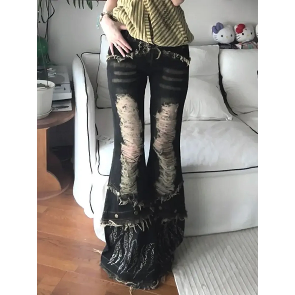 Retro Beaded Fur Distressed Bell Bottom Jeans - Bottoms - Jeans - 1