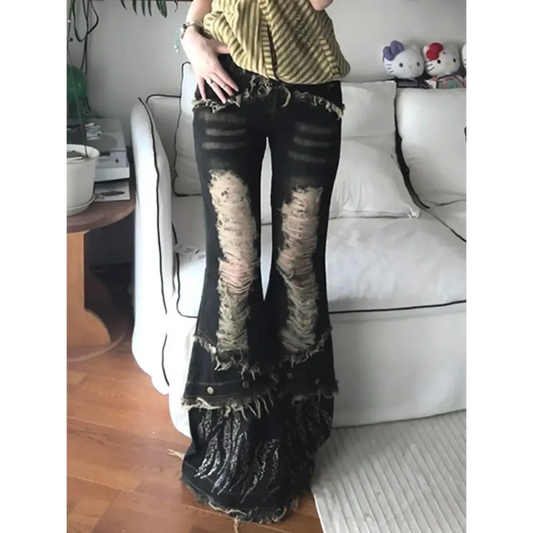 Retro Beaded Fur Distressed Bell Bottom Jeans - Bottoms - Jeans - 1