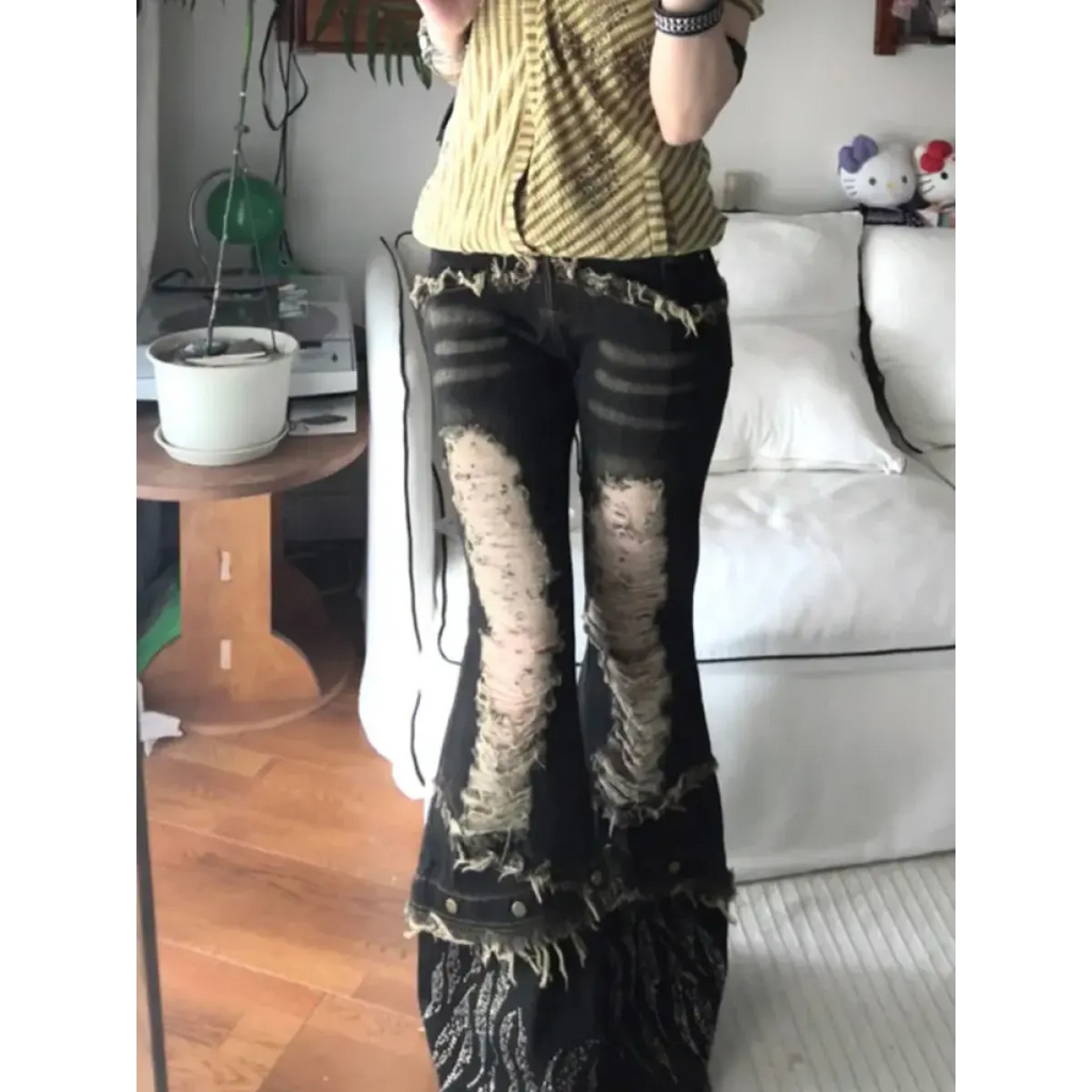 Retro Beaded Fur Distressed Bell Bottom Jeans - Bottoms - Jeans - 2